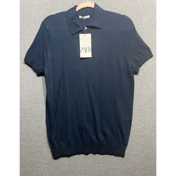 Zara Womens Ribbed Short Sleeves Polo Navy Blue Size M NWT $46 - Picture 3 of 12